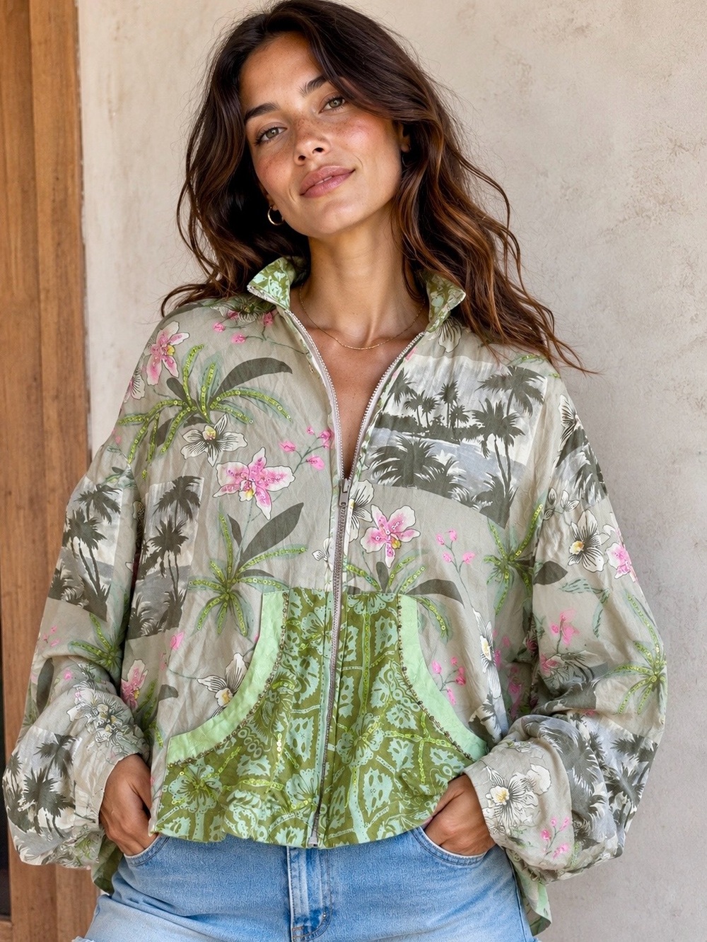 Vanity Collection Floral Hooded Bomber Jacket in Sage and Pink